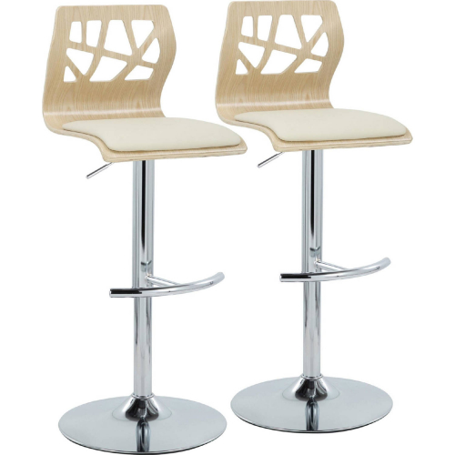 Folia Adjustable Swivel Bar Stool in Chrome, Natural Wood & Cream Leatherette (Set of 2)